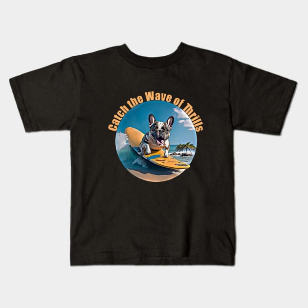 French bulldog surfing, frenchie dog, surfer and french bulldog lovers Kids T-Shirt by Collagedream